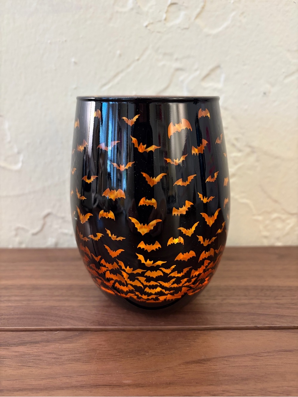Halloween Black & Orange Bat Glass Candle Holder Vase 5 Inch